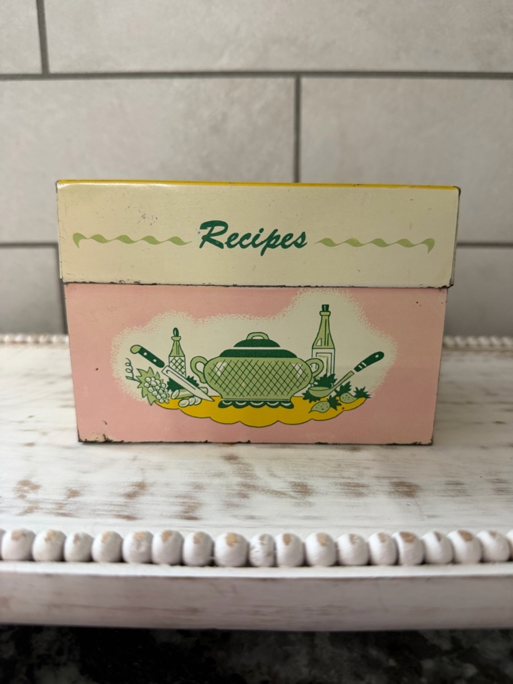 Vintage Metal Recipe Box - Pink and Cream Decorative Kitchen Storage